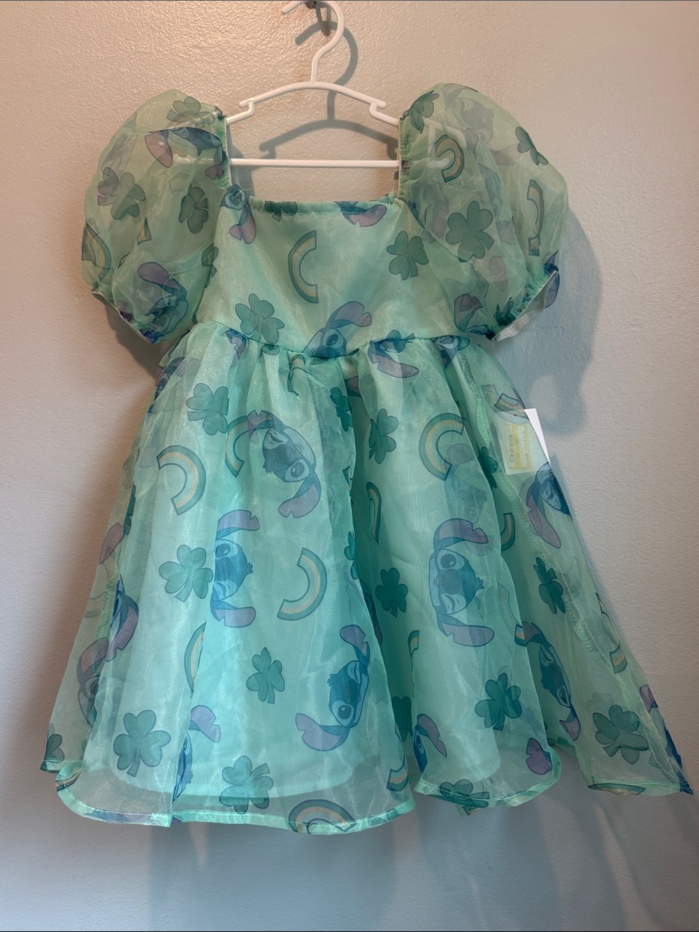 Disney Stitch XS 4 5 Light Green Organza Puff Sleeve Print Dress